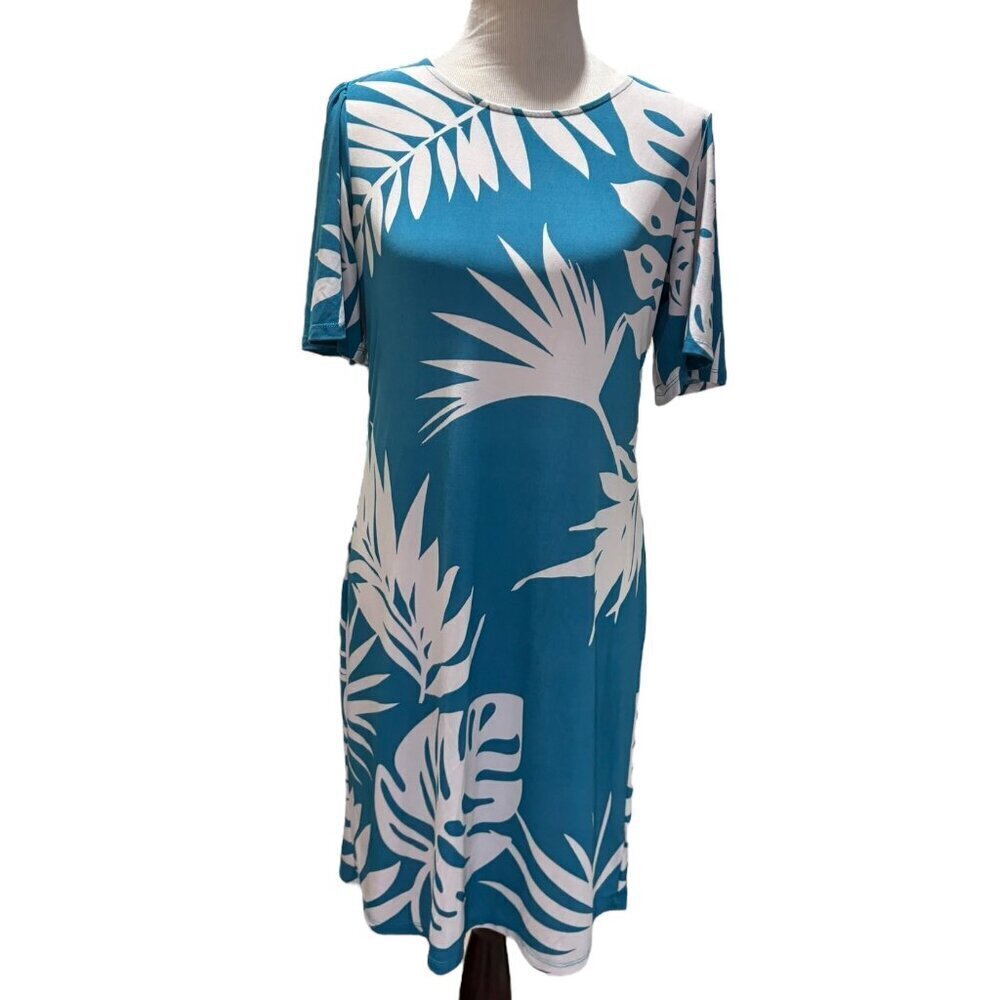 Alexander + Oak Blue and White Floral Stretch Jersey Dress Size Medium